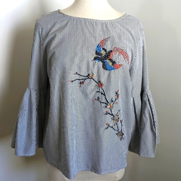 JEALOUS Tomato Bell Sleeve Pinstripe Embroidered Top XL - Picture 4 of 11